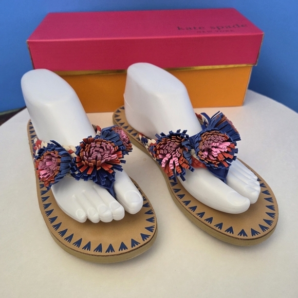 Kate Spade Idette Fringe Rosette Pom Sandal Flip Flop Blue Tangelo Tan Women’s 9 - Picture 1 of 15